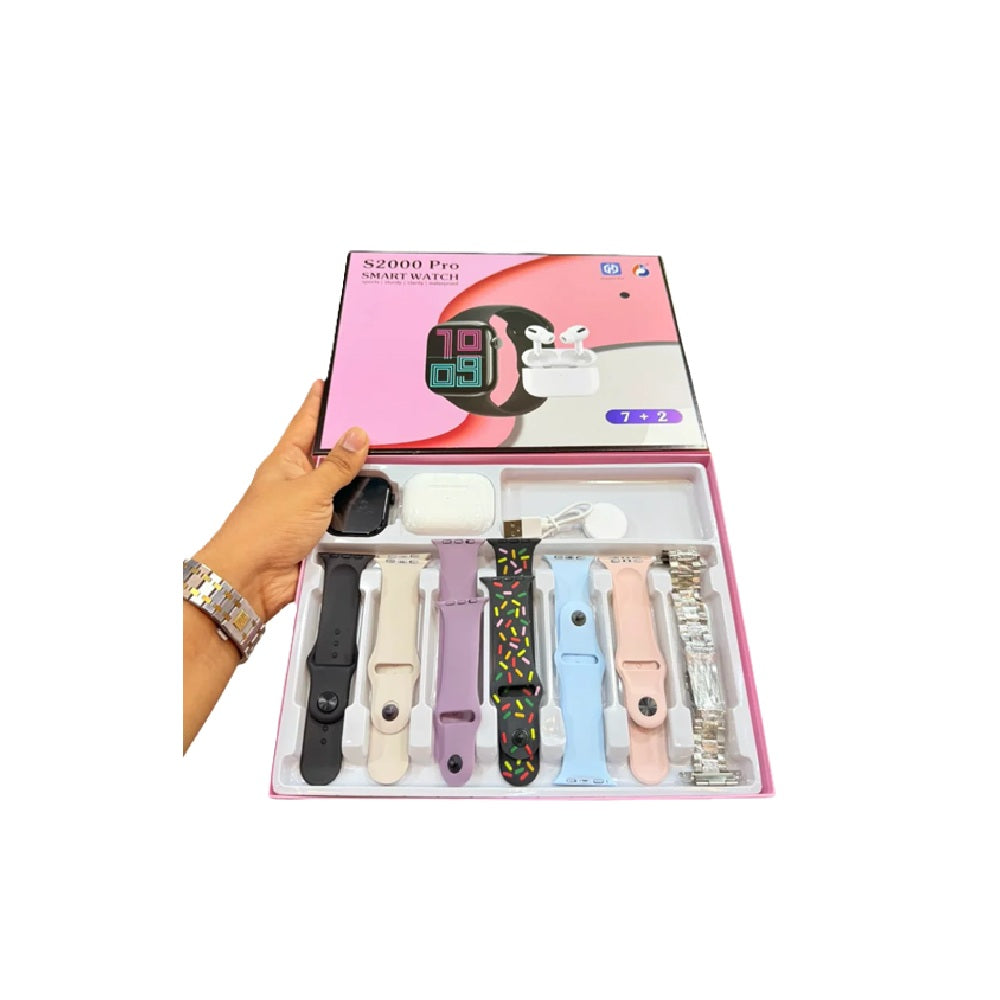 Kit Smartwatch S2000 Pro Con Audífonos Inalámbricos Y 7 Correas Intercambiables