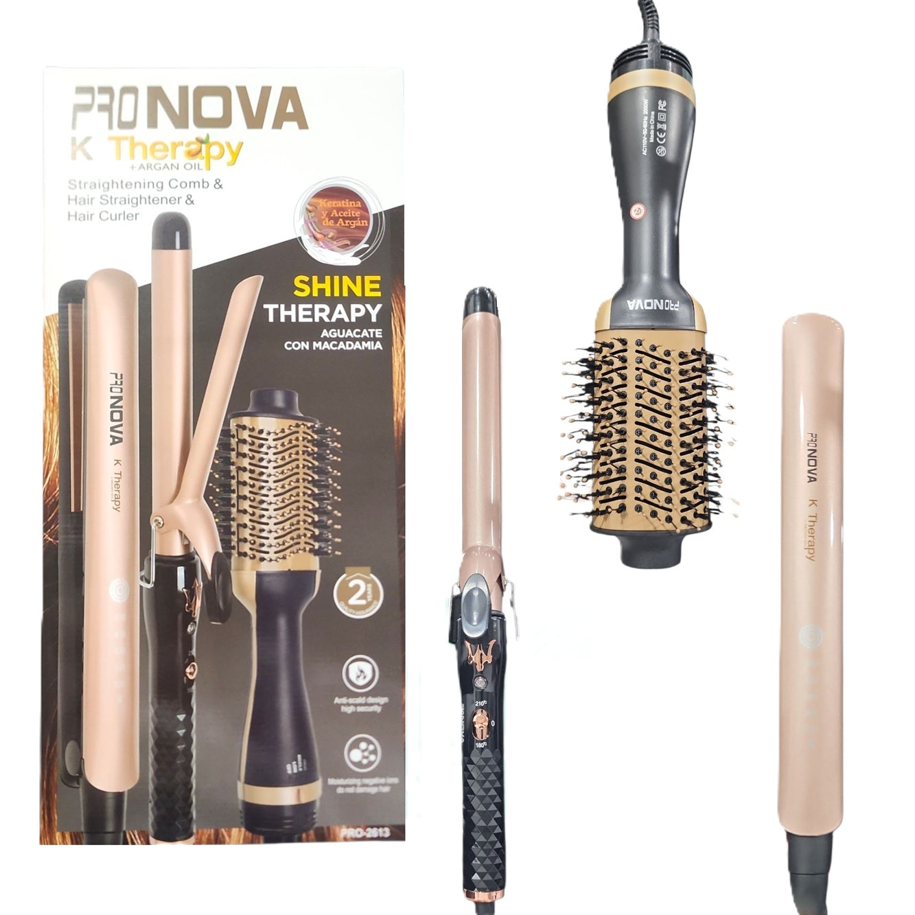 Kit Profesional PRONOVA Keratina Y Argán Cepillo + Plancha + Pinza Rizadora