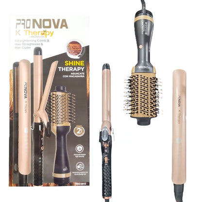 Kit Profesional PRONOVA Keratina Y Argán Cepillo + Plancha + Pinza Rizadora