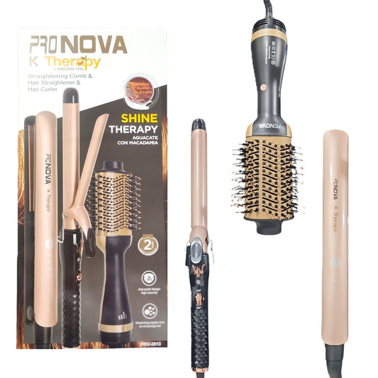 Kit Profesional PRONOVA Keratina Y Argán Cepillo + Plancha + Pinza Rizadora