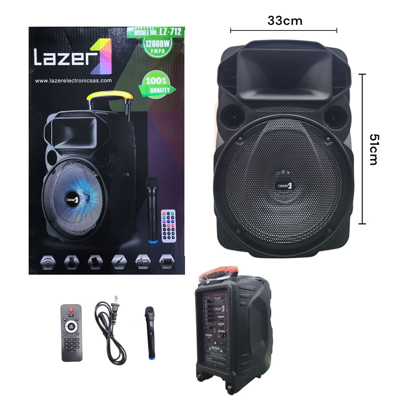 Parlante Bluetooth Lazer Lz-712 Con Micrófono Y Ruedas 51cm