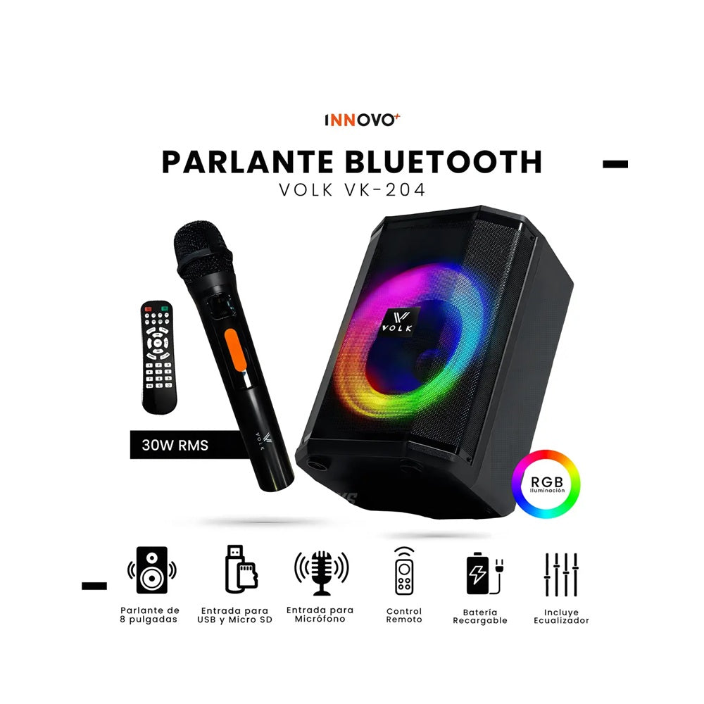 Parlante Bluetooth Volk Vk-204 8 Pulgadas 30w Rms Con Micrófono