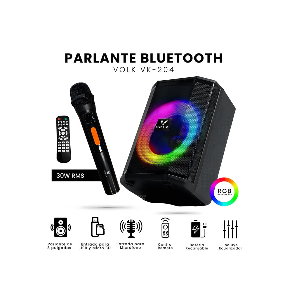 Parlante Bluetooth Volk Vk-204 8 Pulgadas 30w Rms Con Micrófono
