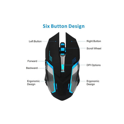 Mouse Gamer Inalámbrico Recargable Bluetooth USB Luz LED Azul