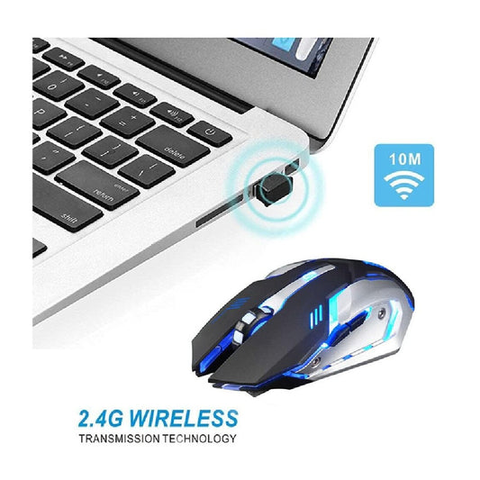 Mouse Gamer Inalámbrico Recargable Bluetooth USB Luz LED Azul