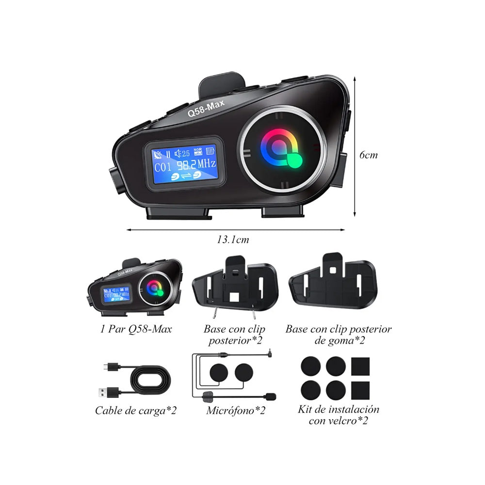Intercomunicador Para Casco Q58-Max Par Kit Doble Con Pantalla LCD