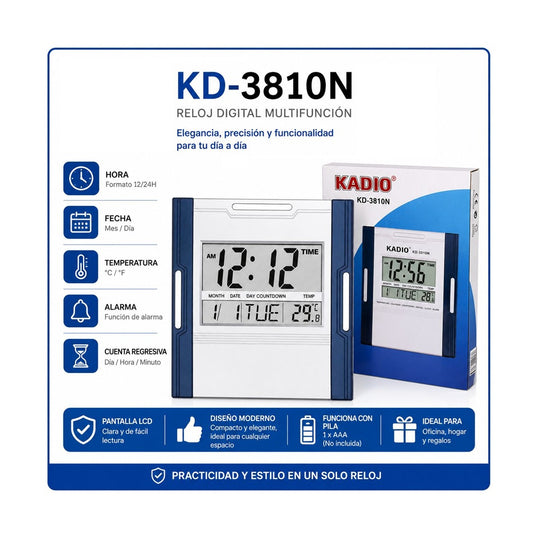 Reloj Digital Kadio KD-3810N Pantalla LCD Alarma Y Cuenta Regresiva
