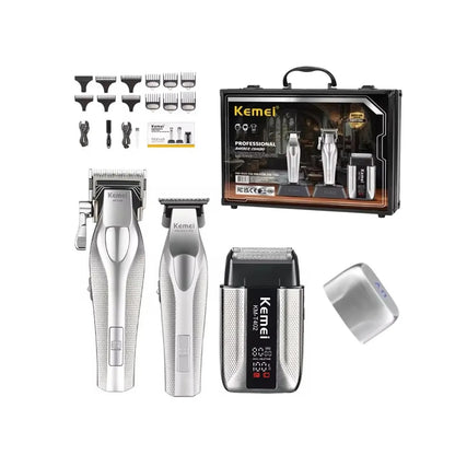 Combo Barbería Profesional Kemei 3 En 1 Clipper Patillera Y Shaver Con Maletín