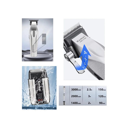 Combo Barbería Profesional Kemei 3 En 1 Clipper Patillera Y Shaver Con Maletín
