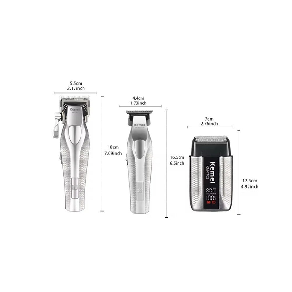Combo Barbería Profesional Kemei 3 En 1 Clipper Patillera Y Shaver Con Maletín
