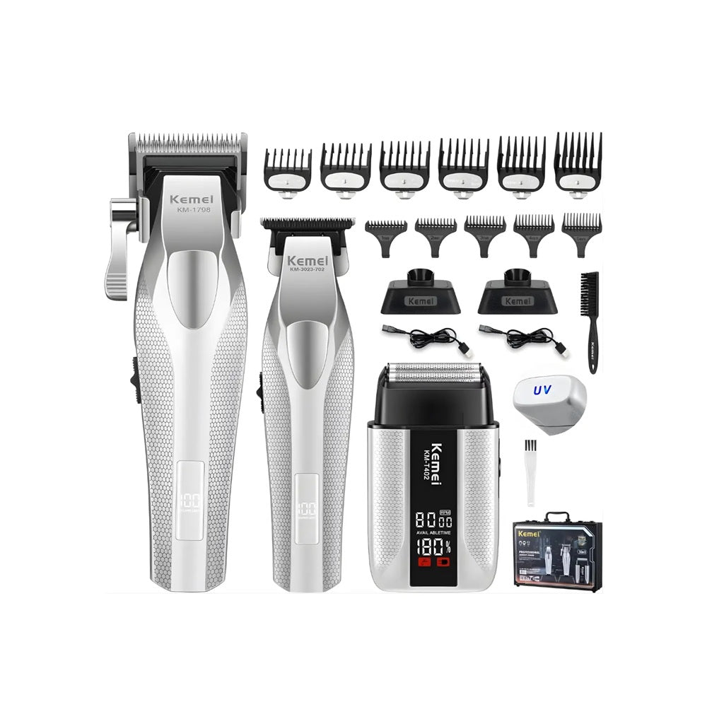 Combo Barbería Profesional Kemei 3 En 1 Clipper Patillera Y Shaver Con Maletín