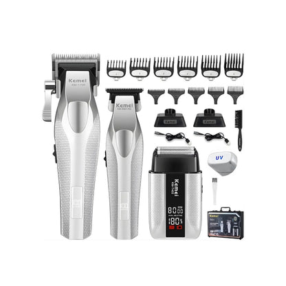 Combo Barbería Profesional Kemei 3 En 1 Clipper Patillera Y Shaver Con Maletín