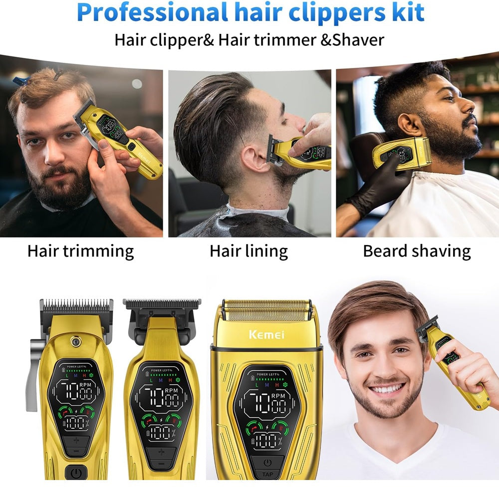Kit De Máquinas Kemei Premium Clipper Patillera Y Shaver Dorada