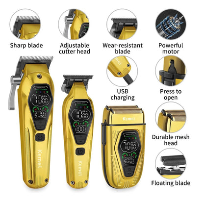 Kit De Máquinas Kemei Premium Clipper Patillera Y Shaver Dorada