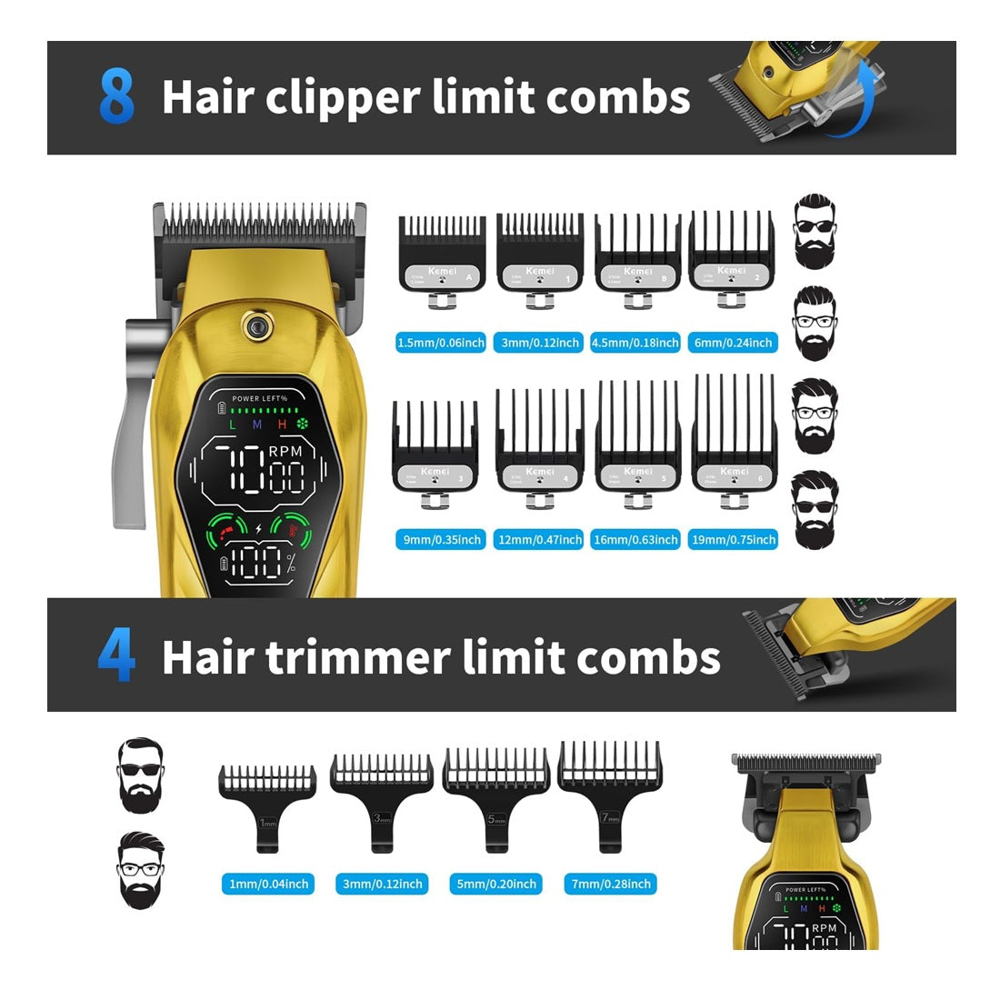 Kit De Máquinas Kemei Premium Clipper Patillera Y Shaver Dorada