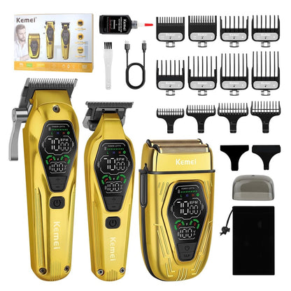 Kit De Máquinas Kemei Premium Clipper Patillera Y Shaver Dorada