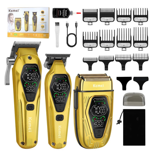 Kit De Máquinas Kemei Premium Clipper Patillera Y Shaver Dorada