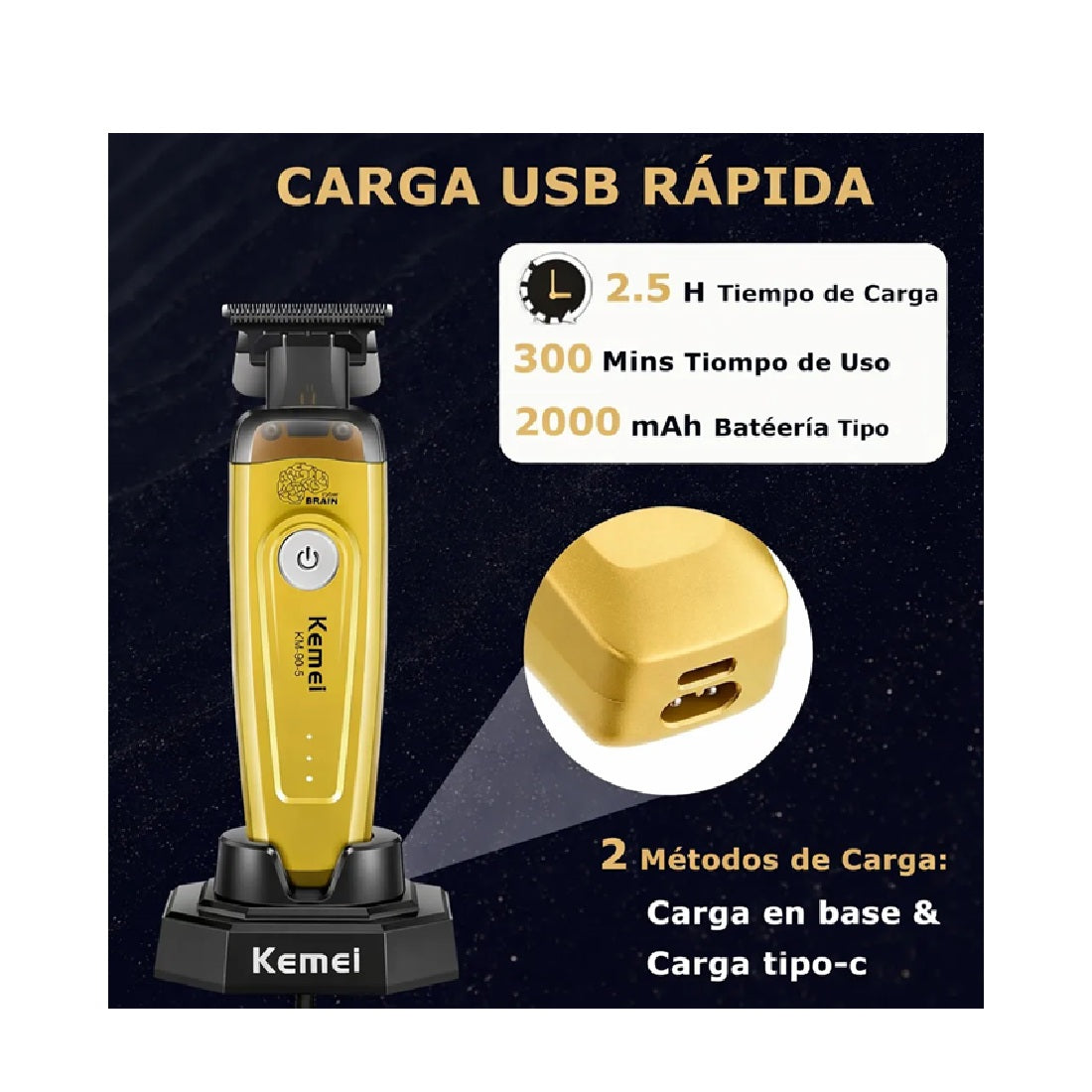Patillera Profesional Kemei KM-90-5 Cuchilla DLC 7500 RPM Base De Carga