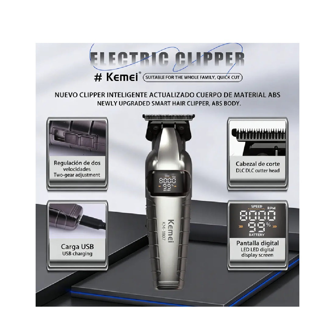 Patillera Profesional Kemei KM-1807 Recortadora Inalámbrica 8000 RPM