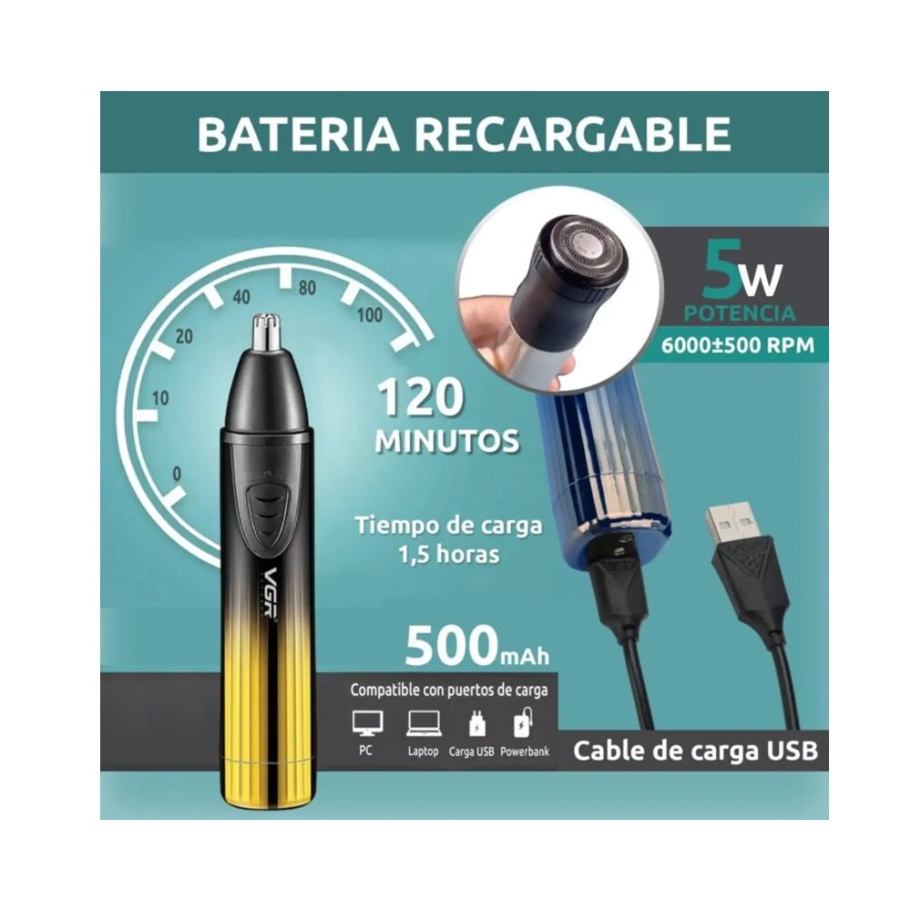 Depilador De Nariz Y Oído VGR V-619 Recortador Facial 2 En 1 IPX5