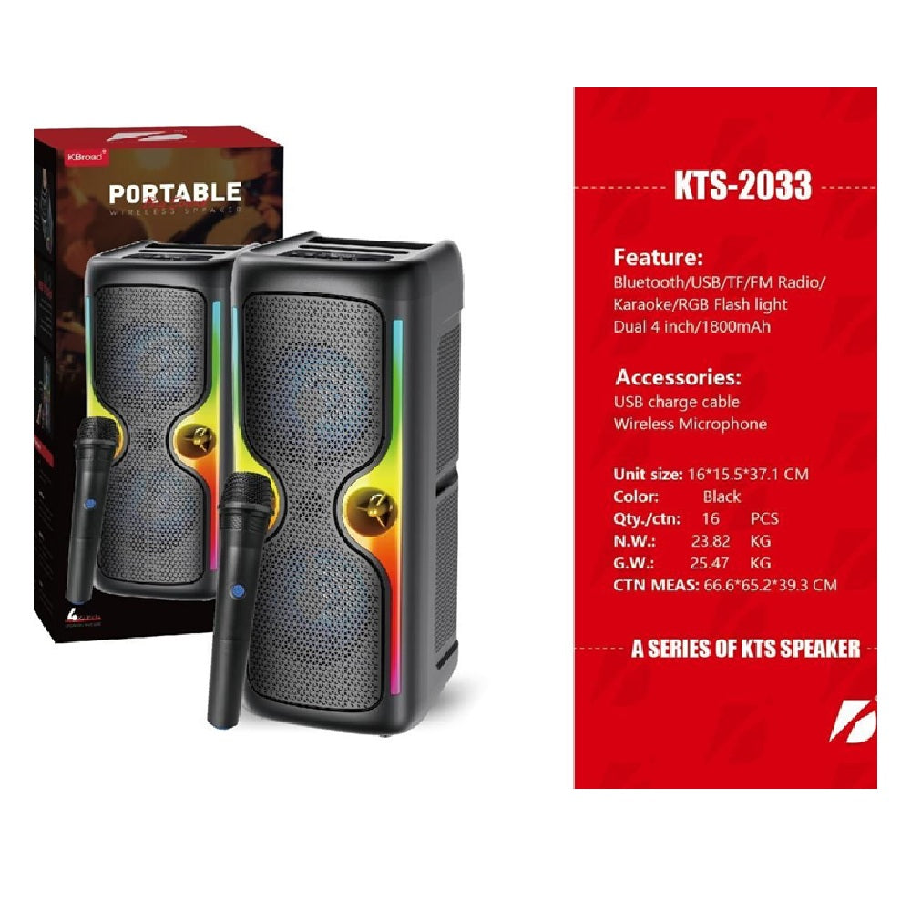 Parlante Portátil Bluetooth KTS-2033 Dual 4" Con Micrófono Inalámbrico
