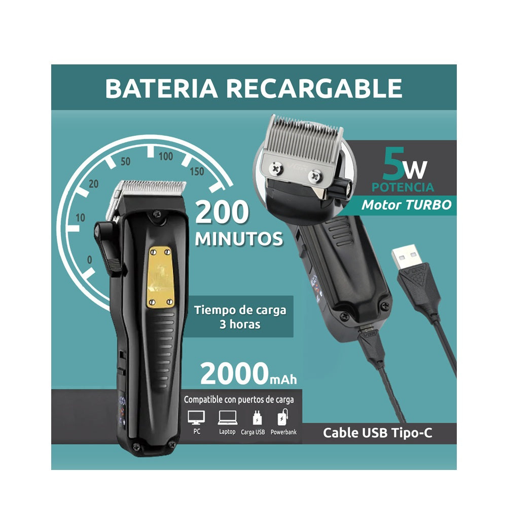 Máquina De Cabello Profesional Vgr V-651 Turbo Usb 8 Peines