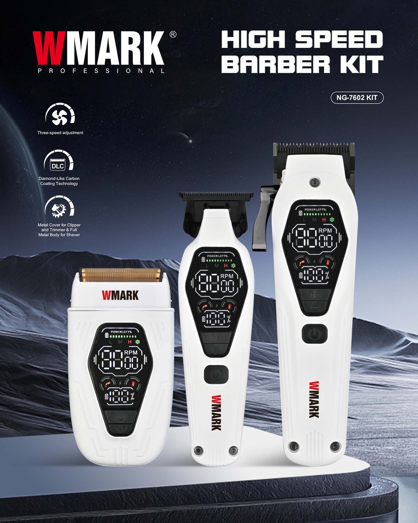 Kit Profesional Wmark 3 En 1 Maquina + Patillera + Shaver NG-7602